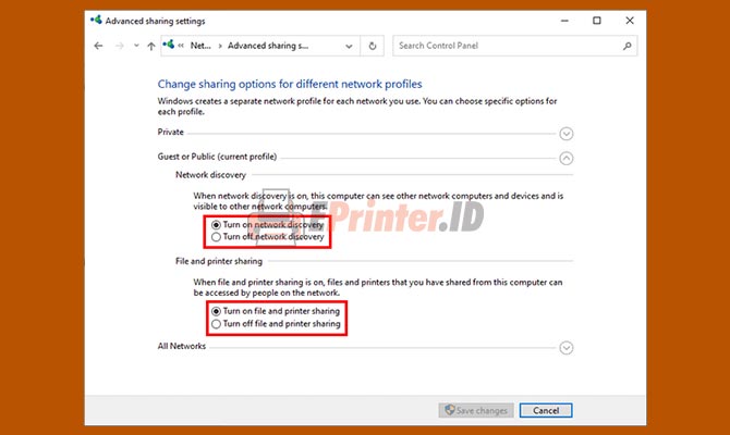 Aktifkan Network Discovery Printer Sharing