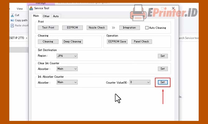 Klik Set Pada Ink Absorber Counter