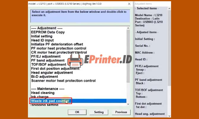 Pilih Fitur Waste Ink Pad Counter