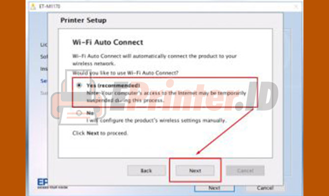 Pilih Menu Yes Untuk Melanjutkan Cara Setting WIFI Printer Epson L360