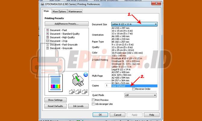 Pilih Ukuran User Defined Untuk Cara Menambahkan Ukuran Kertas Pada Printer HP Deskjet 2135